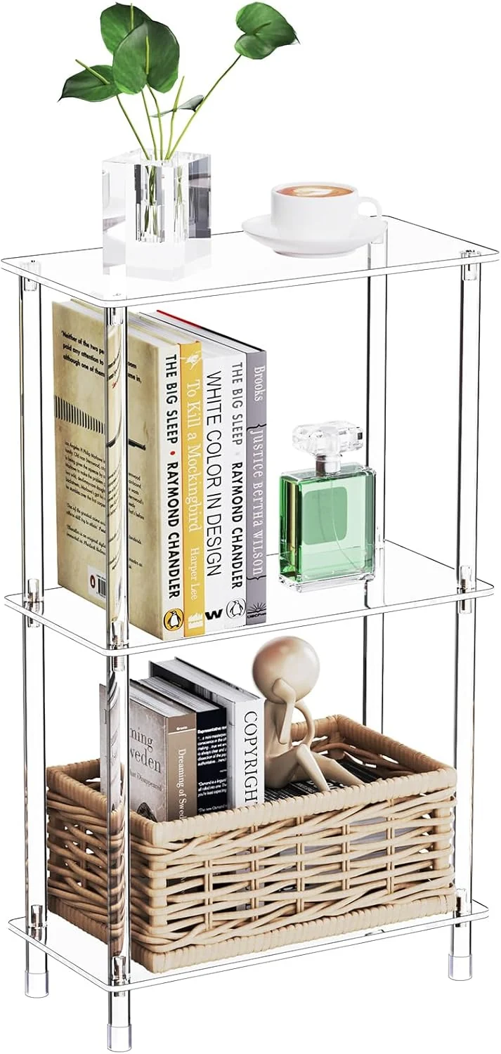 Pure Clear Acrylic Narrow Side Table for Small Spaces 15.75 L x 7.87 W x 26.7 H 3 Tier Rectangle Slim End Table Nightstand Secure