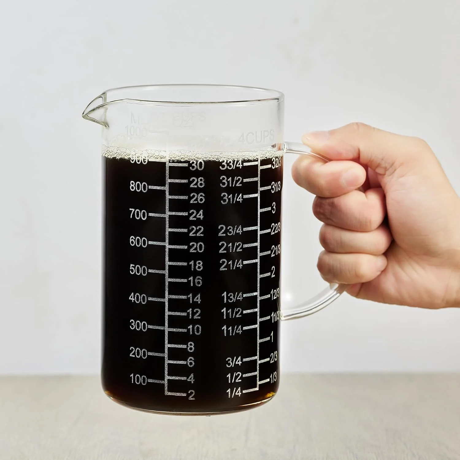 Premium Ackers Mirror Etching Scale Glass Measuring Cup- Insulated handle V-Shaped Spout -Made of High Borosilicate Glass Measuring Cup for Kitchen or Restaurant Easy to Read 1000 ML 32 Oz 4 Cup Trusted