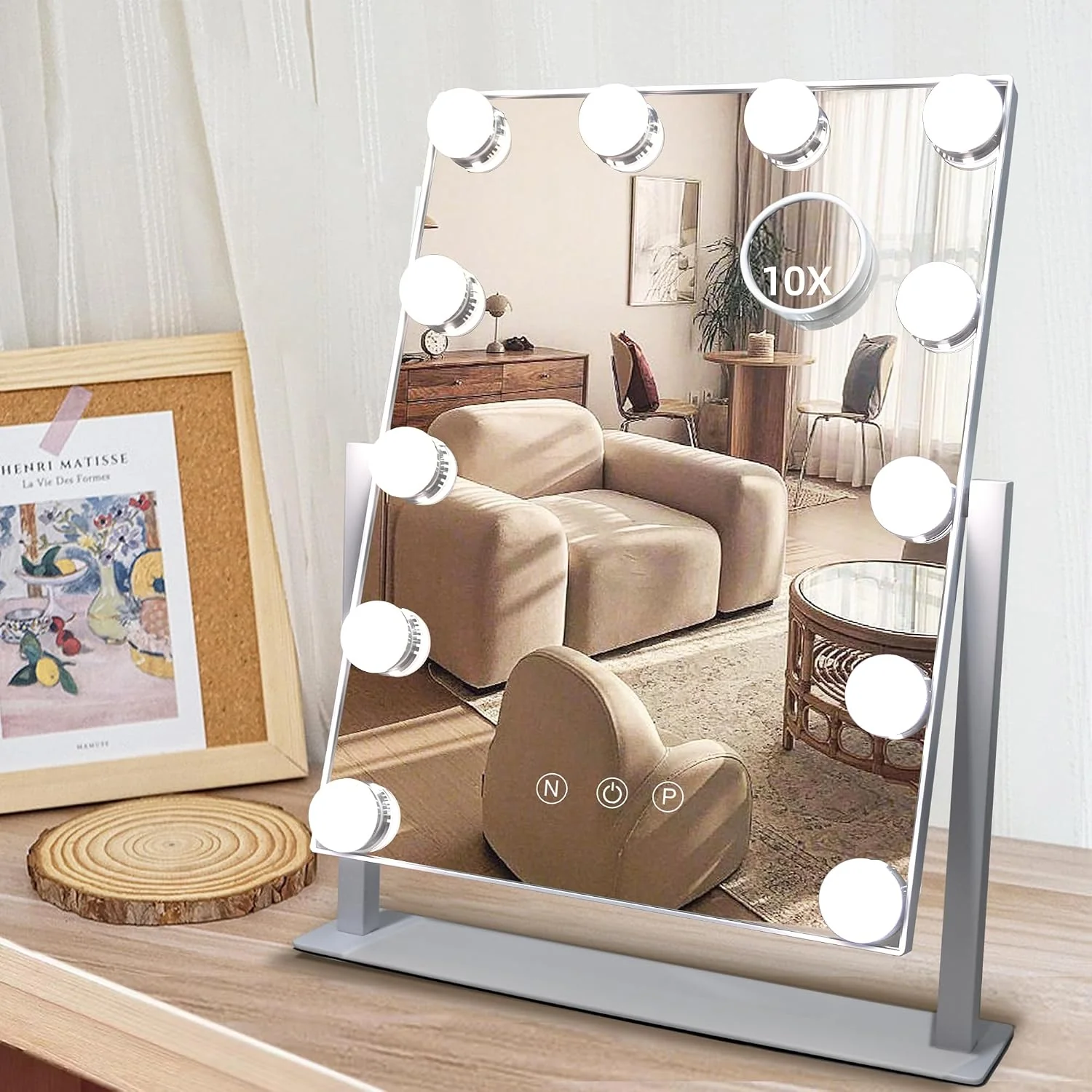 Luxury Makeup Vanity Mirror with Lights 10X White 17.12 x13.77 Vanity Mirror with Detachable 10X Magnification Mirror Rechargeable 3 Color Lights Touch Control Rotatable World-Class