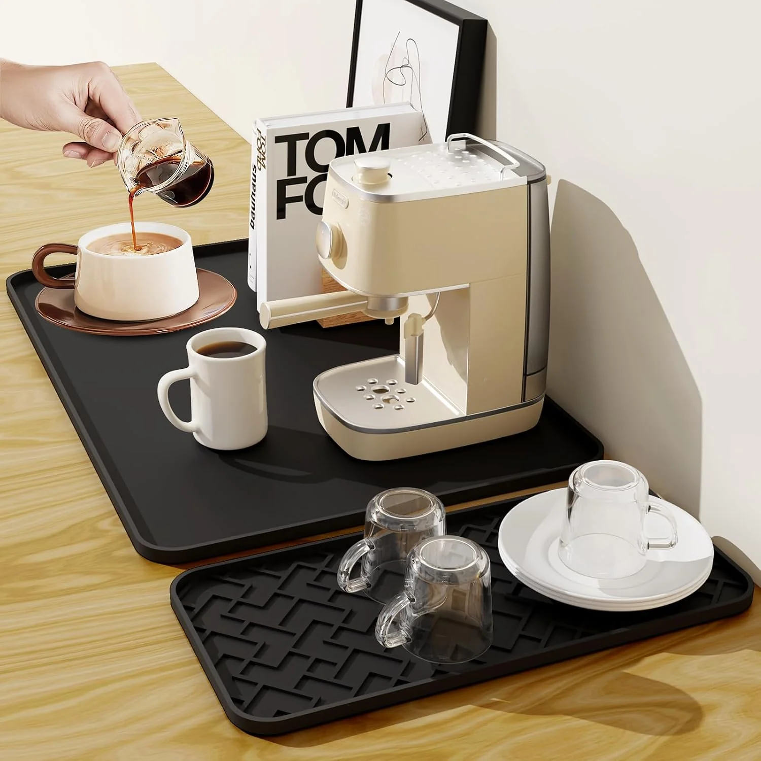 Refined Coffee Mat 19 x 12 Silicone Coffee Bar Mat Non-Slip Espresso Machine Mat with 0.44 Raised Edges Waterproof Heat Resistant Countertop Protector Dishwasher Safe Outstanding