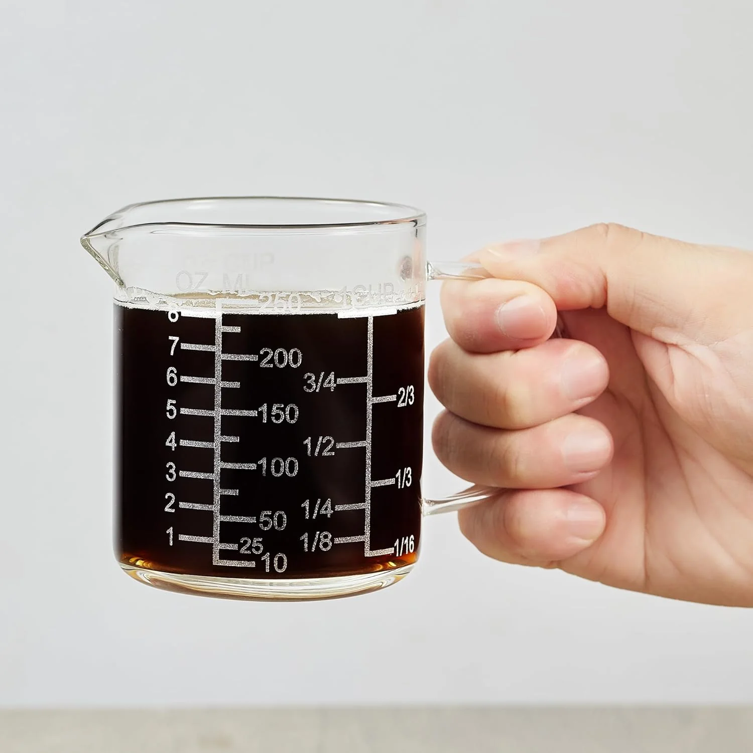 First-Class Ackers Mirror Scale Glass Measuring Cup- Insulated handle V-Shaped Spout -Made of High Borosilicate Glass Measuring Cup for Kitchen or Restaurant Easy to Read 250 ML 8 Oz 1 Cup High-Performance