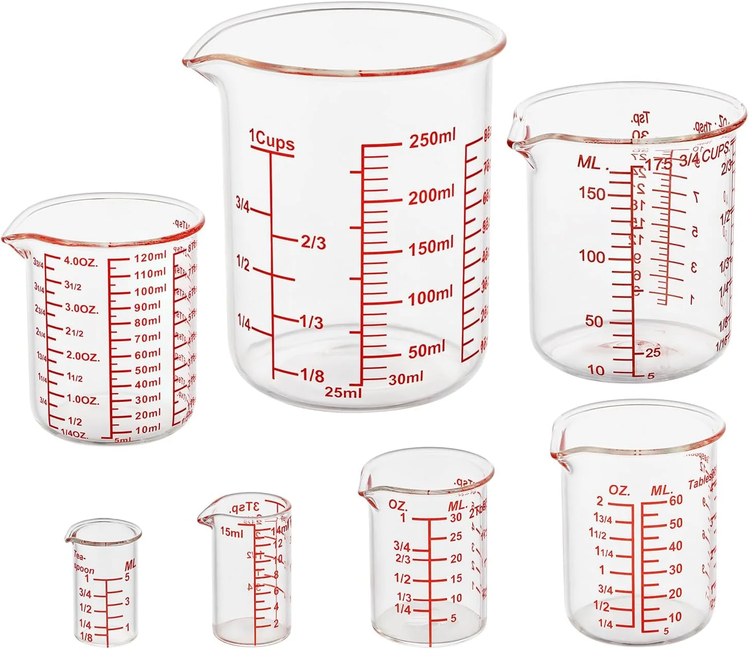 Top-Quality Ackers 7-Piece Glass Measuring Cup Set Borosilicate Beaker Style Nesting Liquid Measuring Cups Superior