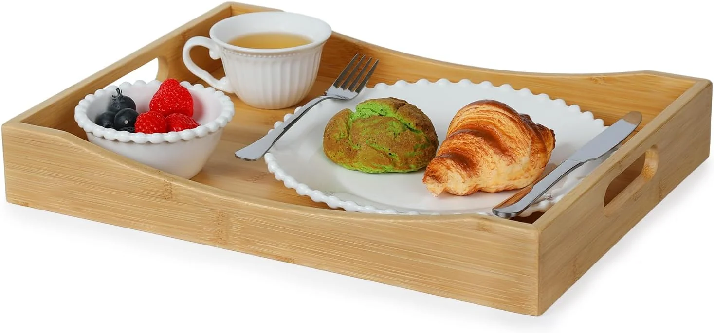 Green Gobam Bamboo Serving Tray with Handles 16.5 x 12.4 inch Rectangular Decorative Tray for Entryway Kitchen Dining Living Room First-Class