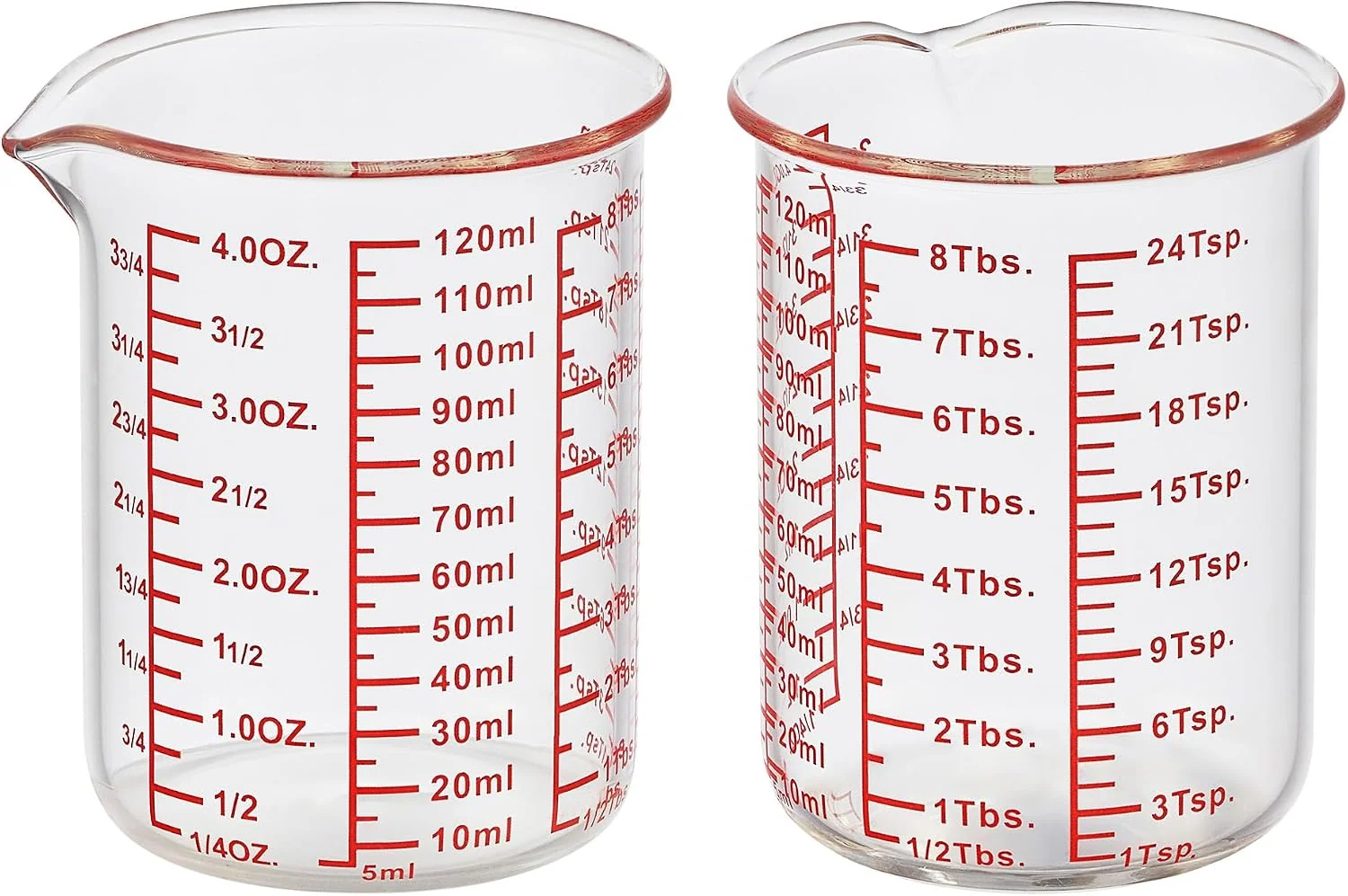 Sophisticated Ackers BORO3.3 4 oz 120 ml Glass Measuring Cup with V-Shaped Spout 2 Pack 3.3 borosilicate glass with a wide opening and five printed measurement units for small-batch cooking baking and drink prep Smooth