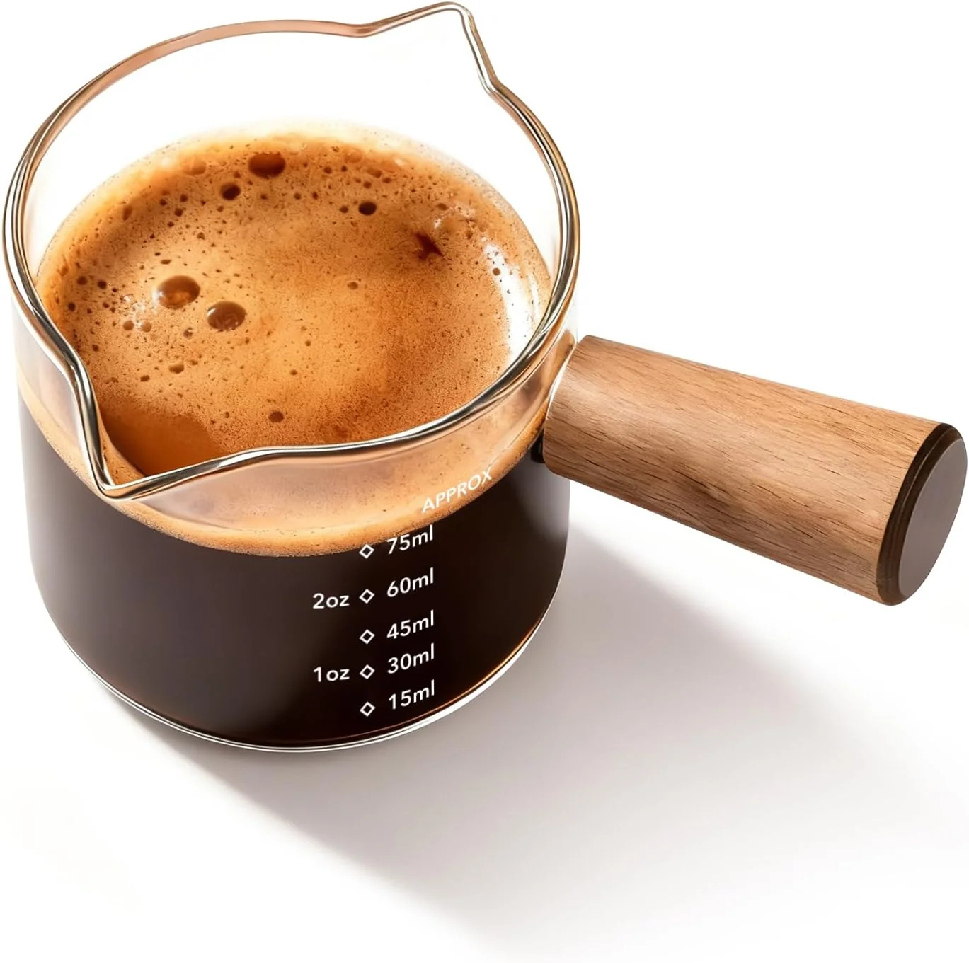 Original YARRAMATE 2.5oz Double Spout Espresso Shot Cup with Handle Borosilicate Glass Precision Pouring Heat Insulated Grip Dual-Scale Accuracy Easy to Rinse Clean Prestigious