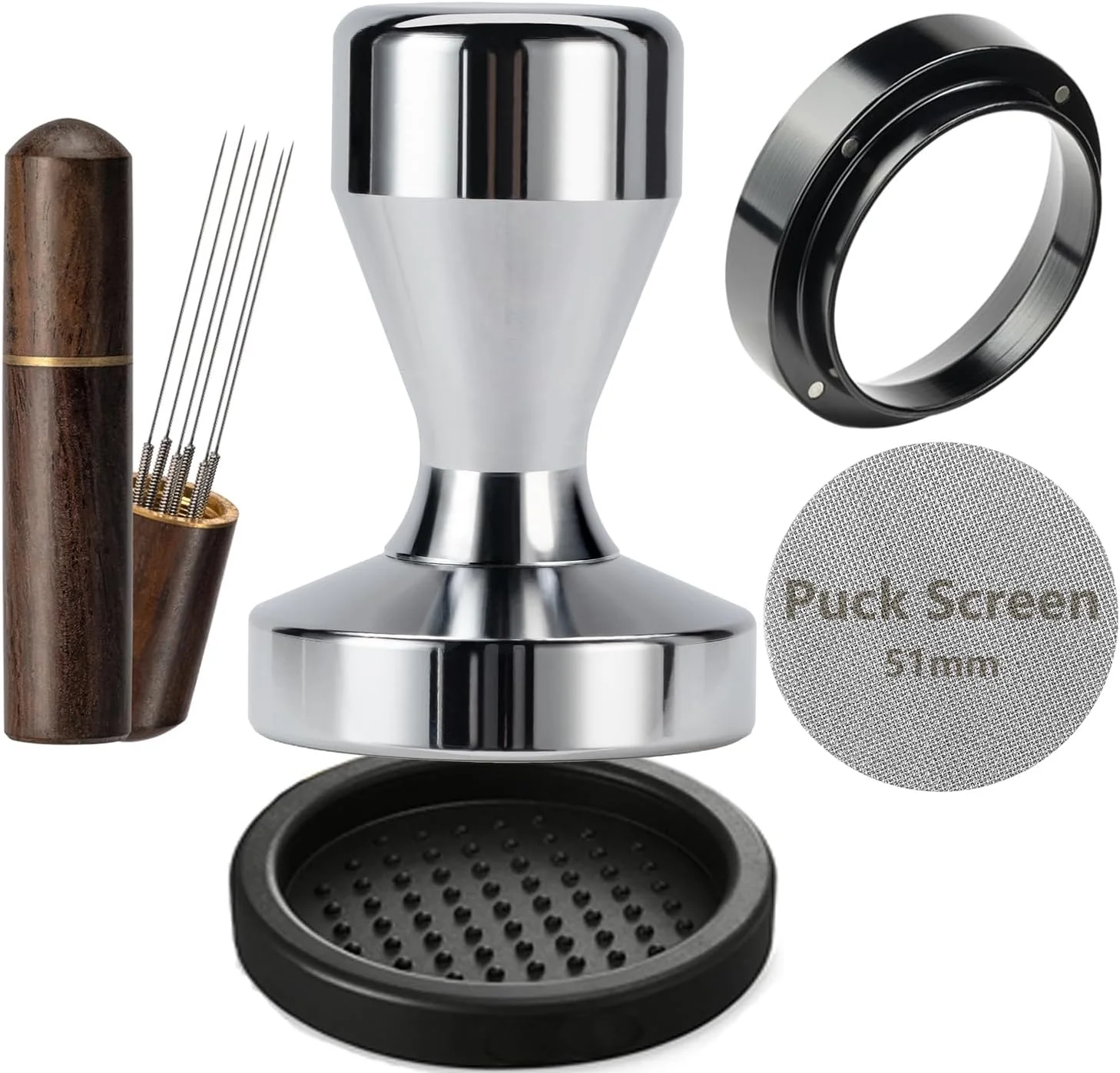 Green Espresso Accessories Kit 51mm Tamper Espresso Tamper Kit with 51mm Coffee Tamper Puck Screen Dosing Funnel WDT Tool Tamper Mat Consistent