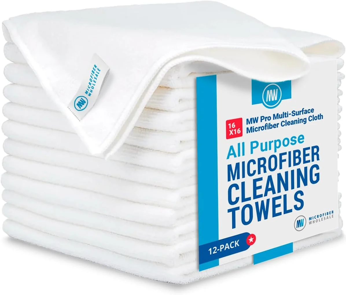 Exclusive MW Pro Microfiber Cleaning Cloth White 12 Pack Size 16 x 16 All Purpose Microfiber Towels - Clean Dust Polish Scrub Absorbent Verified