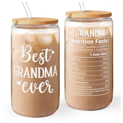Classic Grandma 16 Oz Can Glass Tumbler with Bamboo Lid and Straw Specialty