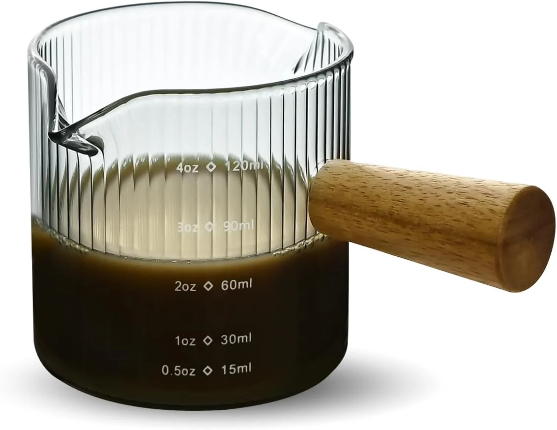Efficient Glass Measuring Cup 4oz Espresso Shot Glass with Wood Handle Double Spouts Measuring Triple Pitcher Milk Cup for Coffee Tea Gray Ribbed） Superior