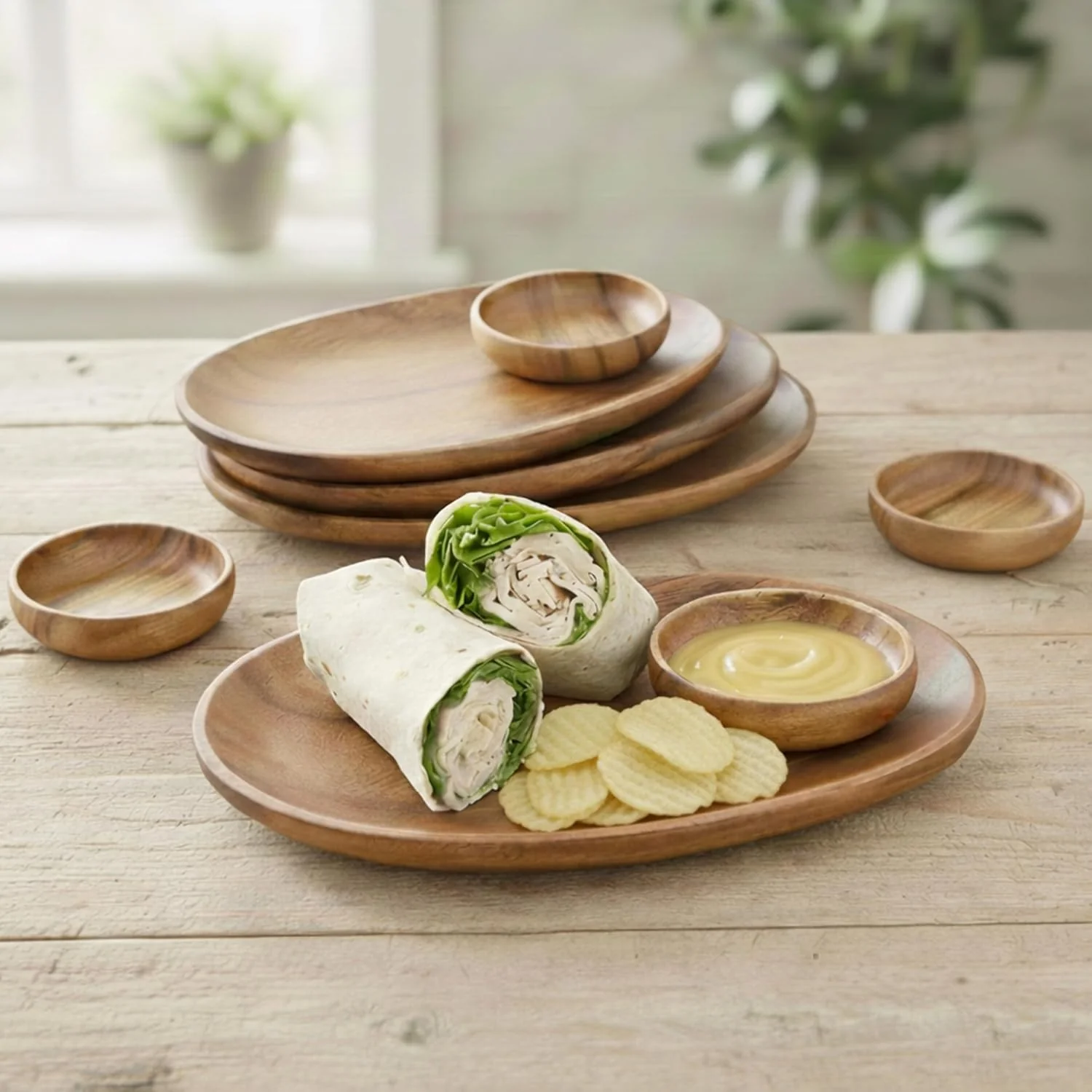 Comfortable Woodard amp Charles Acacia Wood 12 Oval Tray with Dip Bowls 8 Piece Set 4 Acacia Wood Serving Trays and Bowls Serve Appetizers Sandwiches and Hors d'Oeuvres. I for Parties and Entertaining Superior