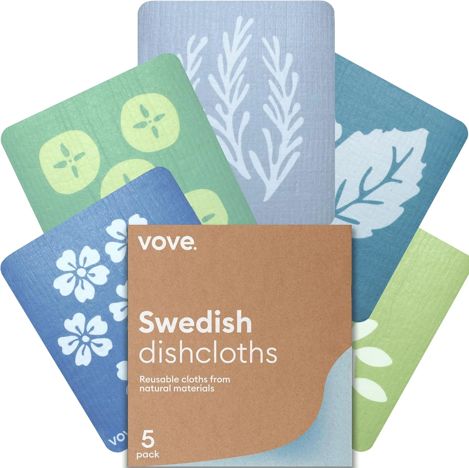 Recyclable Vove Swedish Dishcloths 5-Pack Botanical Garden - FSC Cellulose Cotton Oeko-TEX Standard 100 Reusable Washable Kitchen Cleaning Cloths Authentic