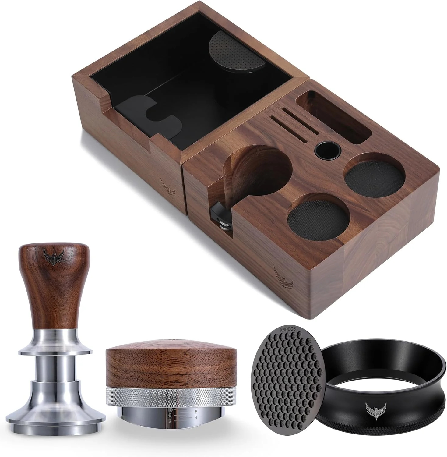 Practical 58mm Walnut Espresso Accessories Set – Premium Barista Kit for All 58mm Espresso Machines – Includes Tamper Tamping Station Distributor Recyclable