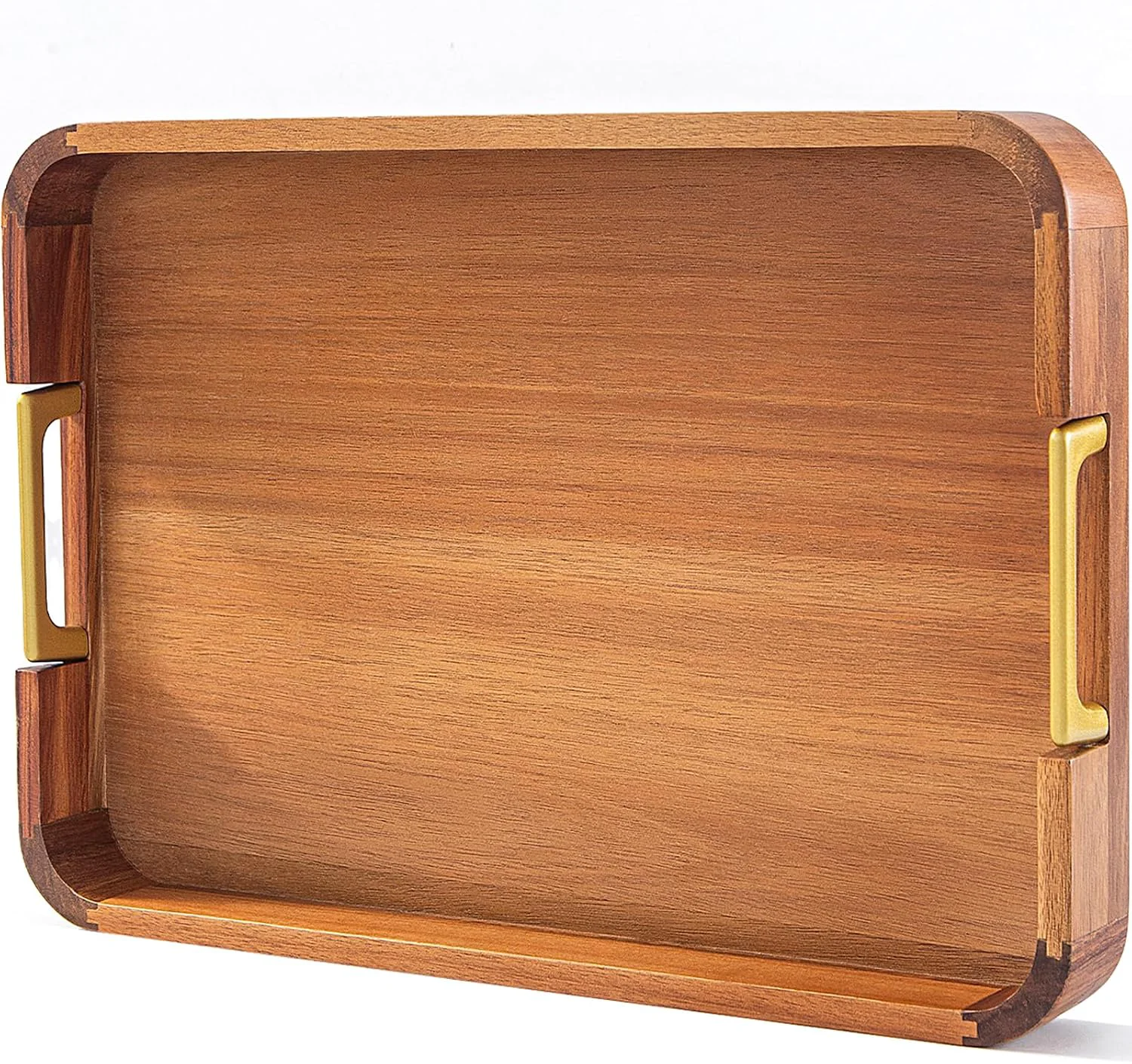 Healthy Acacia Wood Serving Tray with Metal Handles 17x12in Food Drinks Tray for Coffee Table Breakfast Dinner amp Bar Rustic Decorative Storage Tray for Ottoman Kitchen Parties Soft
