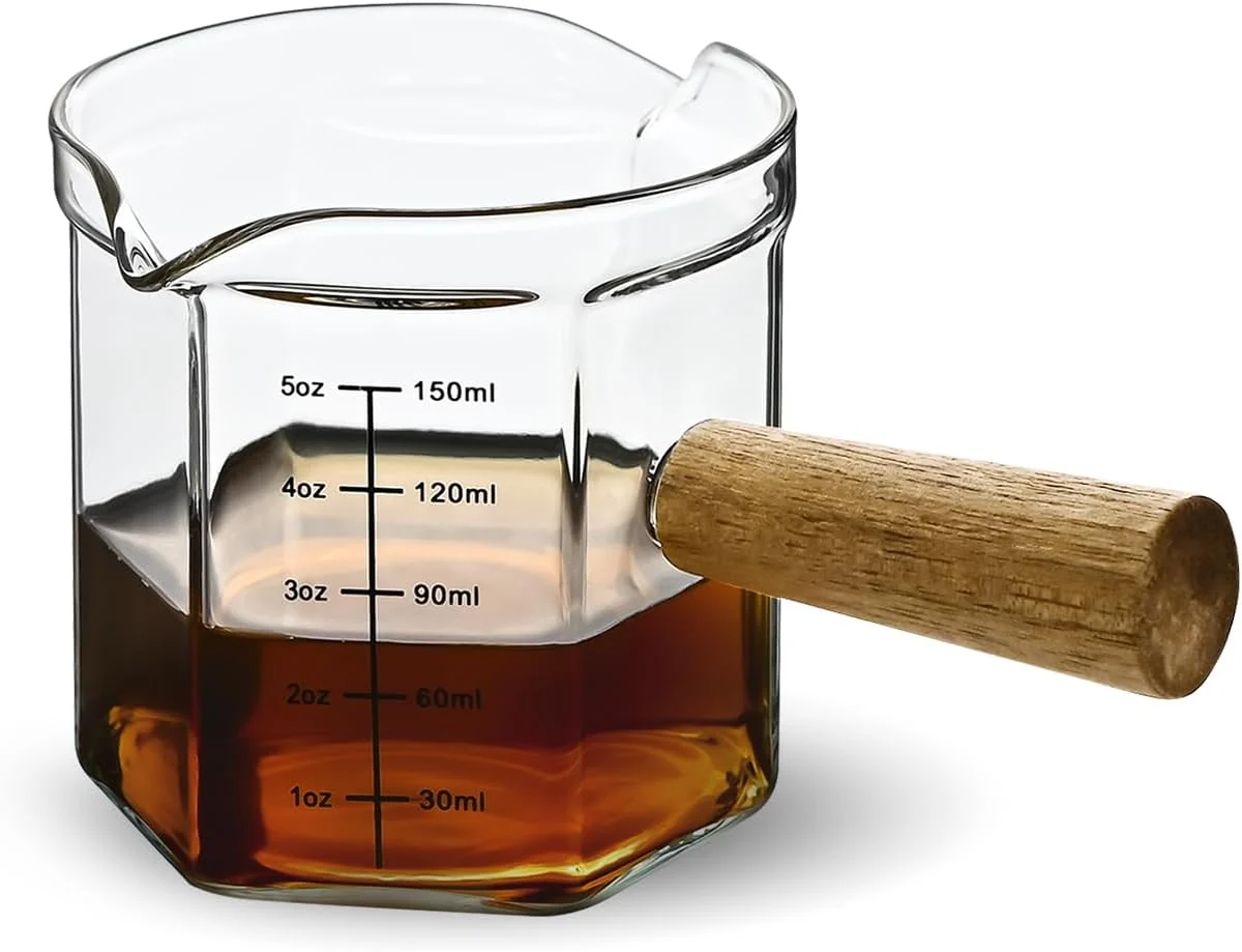 Convenient Glass Measuring Cup 5oz Clear Espresso Shot Glass with Wood Handle Double Spouts Measuring Triple Pitcher Milk Cup for Coffee Tea Transparent Long-Lasting