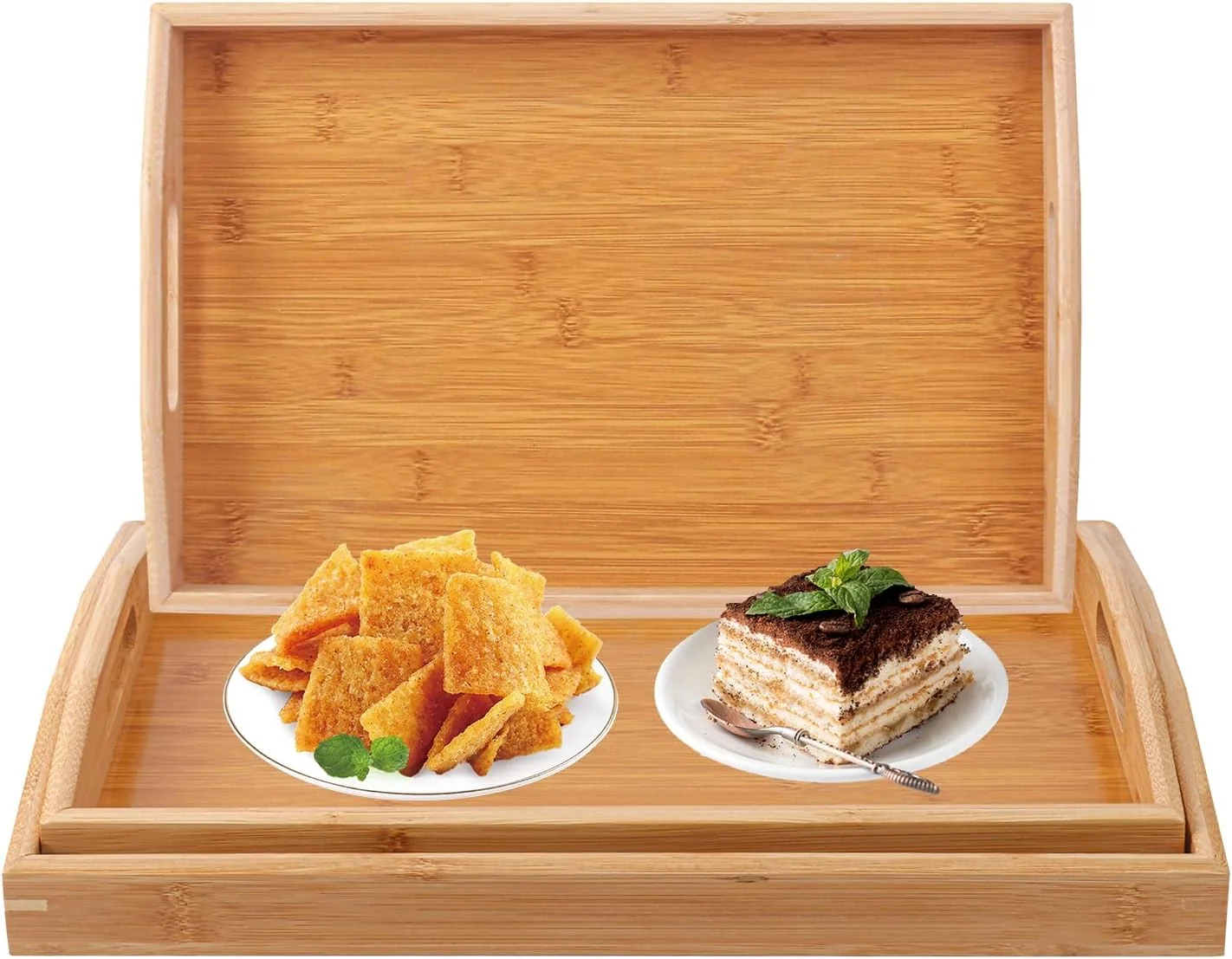 Secure 3 PCS Bamboo Serving Tray 3 Size Nested Breakfast Bed Tray with Handle Wood Serving Tray for Serving Breakfast Bed Trays for Eating Decor Genuine