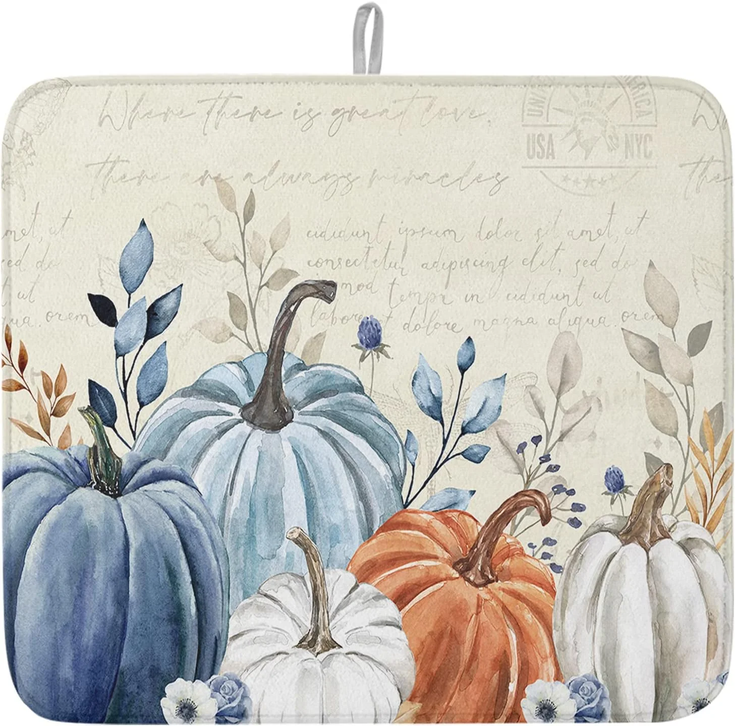 Crafted Fall Dish Drying Mat for Kitchen Counter Blue Pumpkin Drying Pad Absorbent Drying Mats for Countertops Sinks Draining Racks Floral Leaves Drainer Authentic
