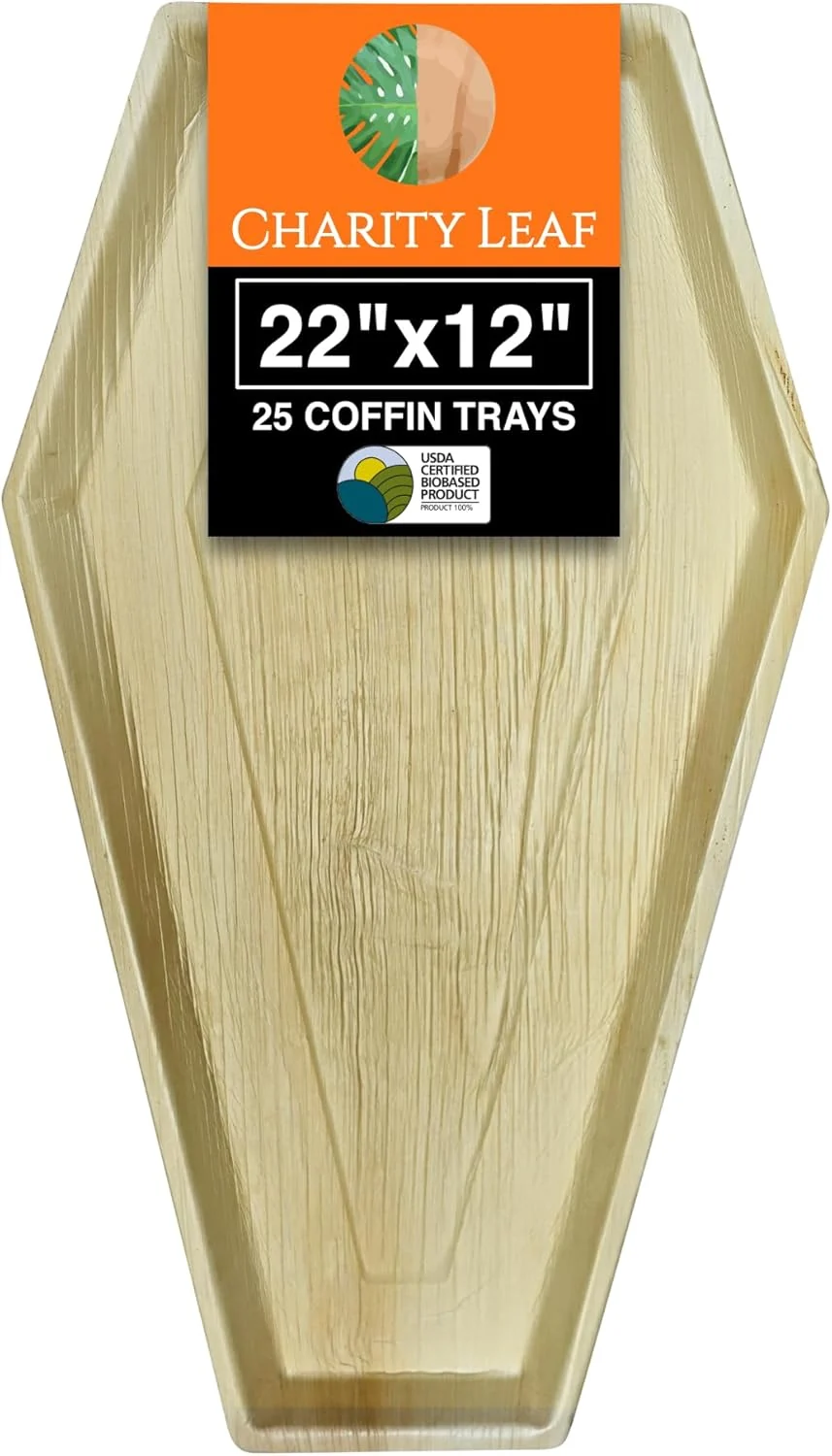User-Friendly Charity Leaf Disposable Palm Leaf 22 x12 Coffin Trays 25 Pieces Bamboo Like Serving Platters Disposable Boards Detailed