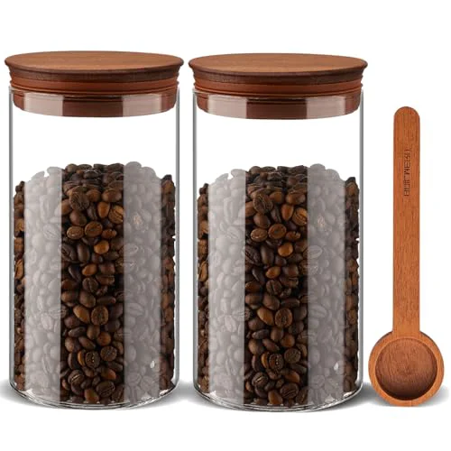 Breathable 37 oz Coffee Canister with Scoop and Wooden Lids Unique