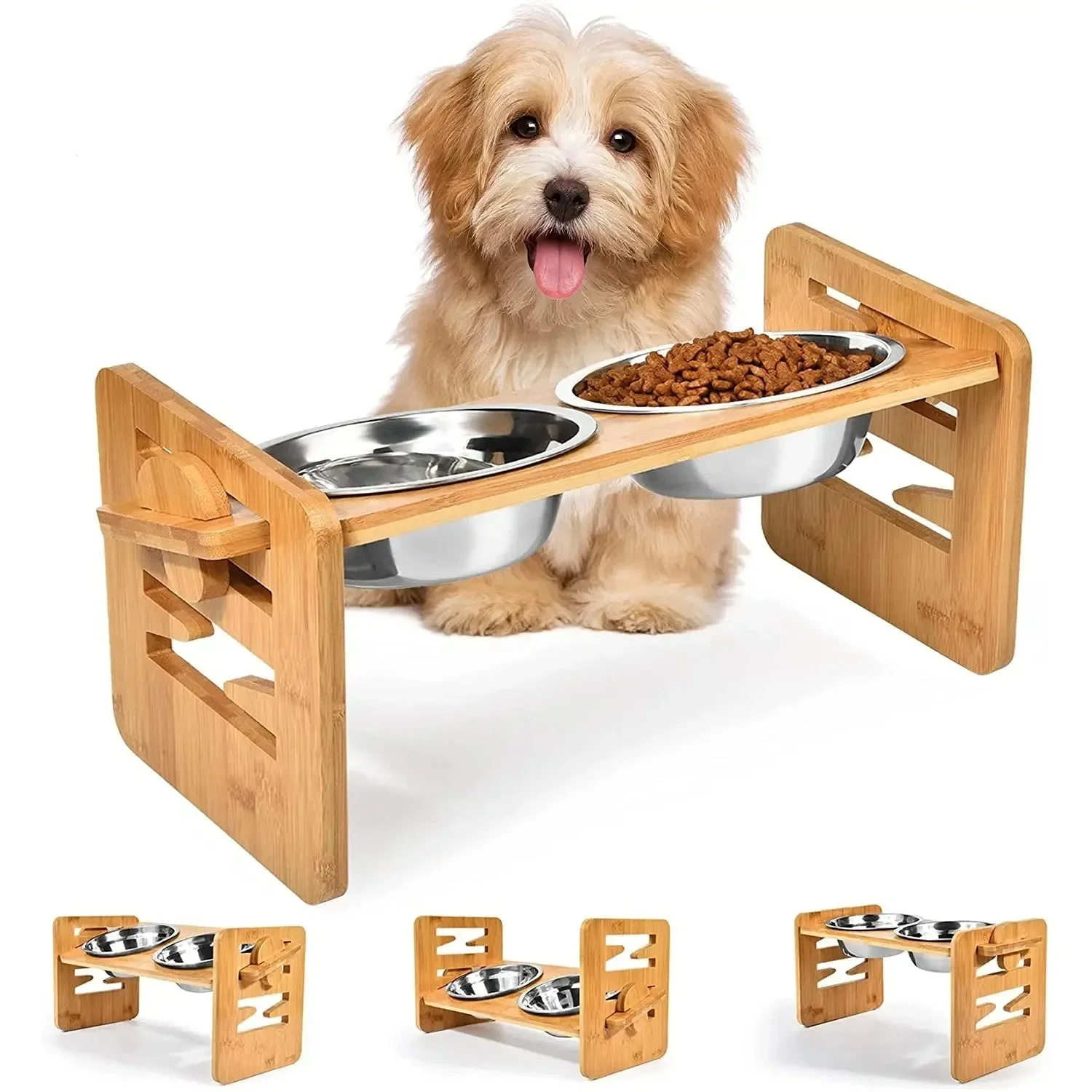 Quality Bamboo d Dog Bowl Stand with 6-Level Adjustable Height — 2 Stainless Steel Bowls High-End