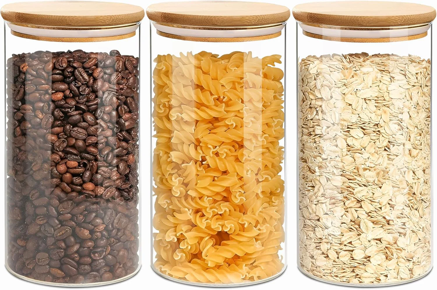 Sophisticated Round Glass Jars Canister with Wood Lid 40 FL OZ Set of 3 Container Jar with Sealing Lids for Oat Pasta Flour Ce Rice Sugar Tea Coffee Beans Modern