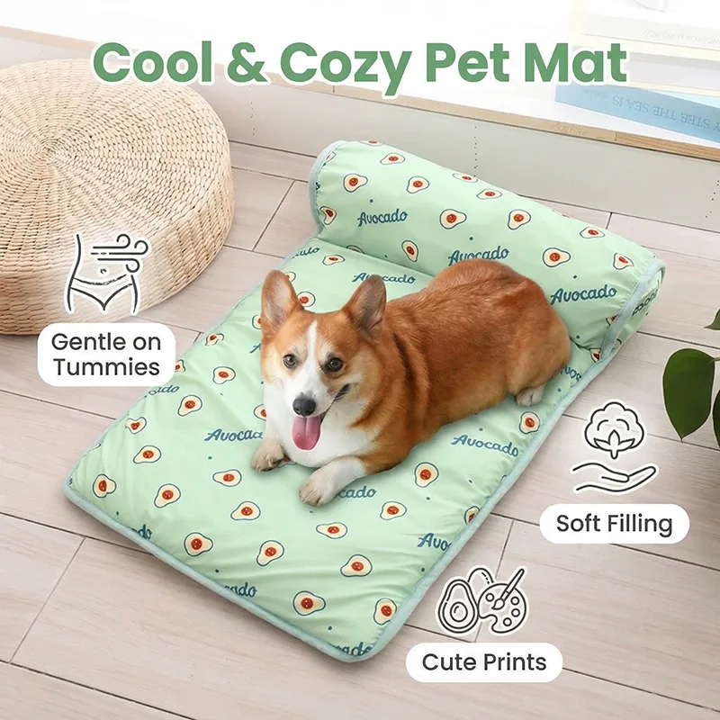 Exclusive Ice Silk Cooling Mat for Dogs Cats — Non-Slip Washable with Integrated Pillow Cute Print Refined