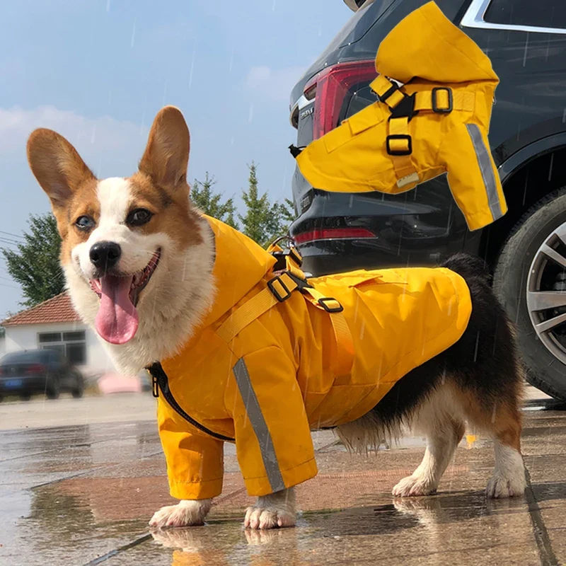 Practical Reflective Waterproof Dog Raincoat with Built-In Harness User-Friendly