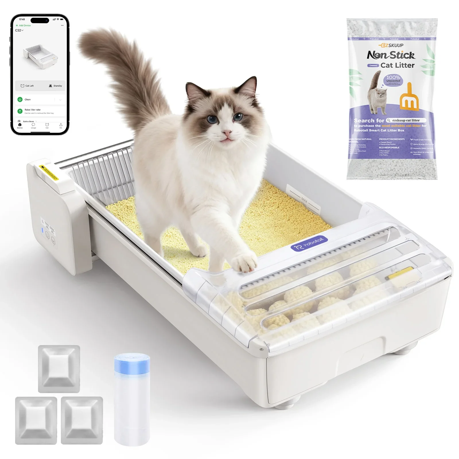 Exceptional Robotail XL Self-Cleaning Cat Litter Box Open Design Dual Rake Teflon Pan 6-Cat App 20 Liners Detailed