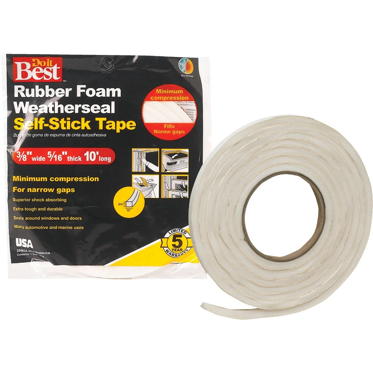 Authentic Do it 3 8 W x 5 16 T x 10' L White Foam Weatherstrip Tape Certified