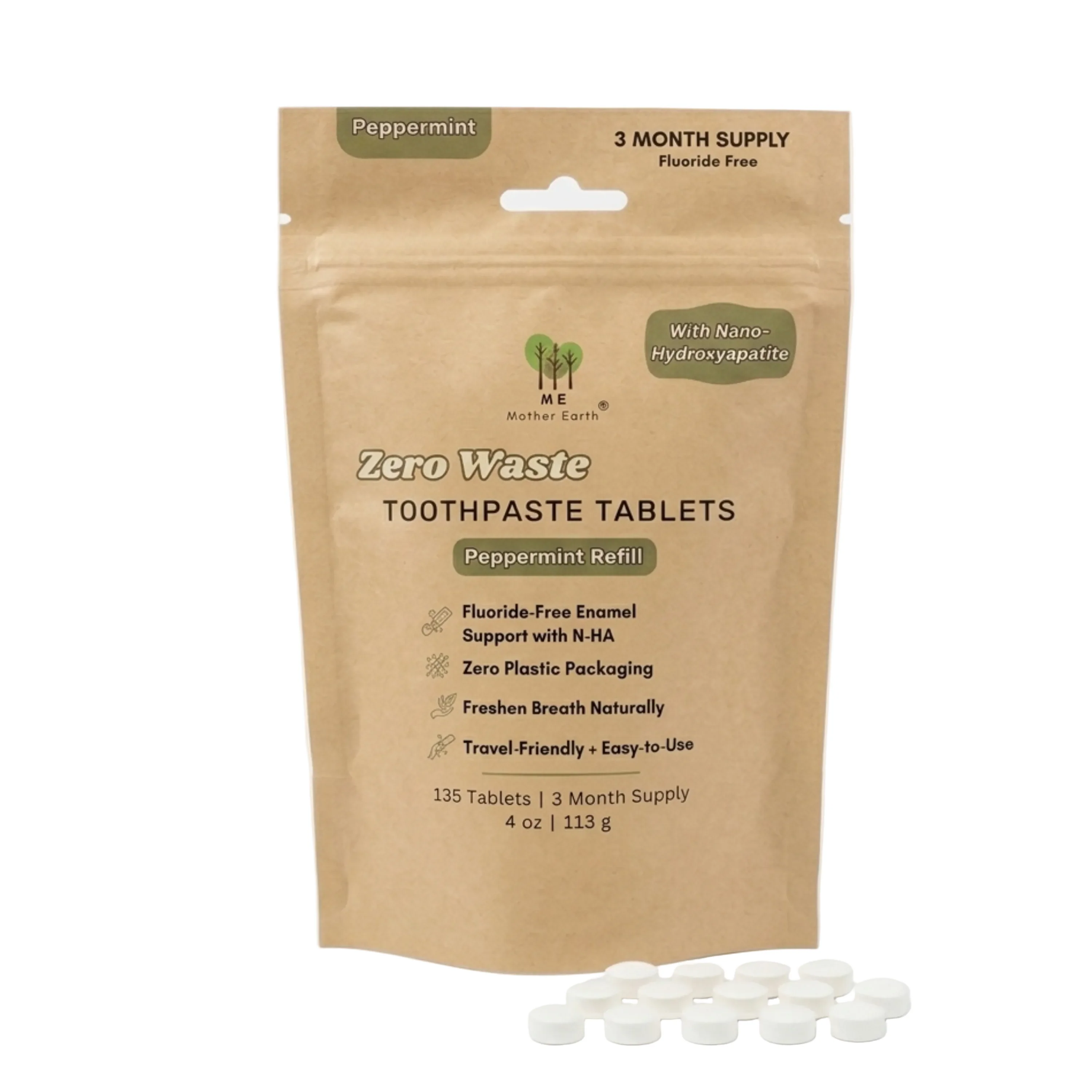 Refined Me Mother Earth Toothpaste Tablets with Nano-Hydroxyapatite Refill Pouch - Fluoride- Flexible