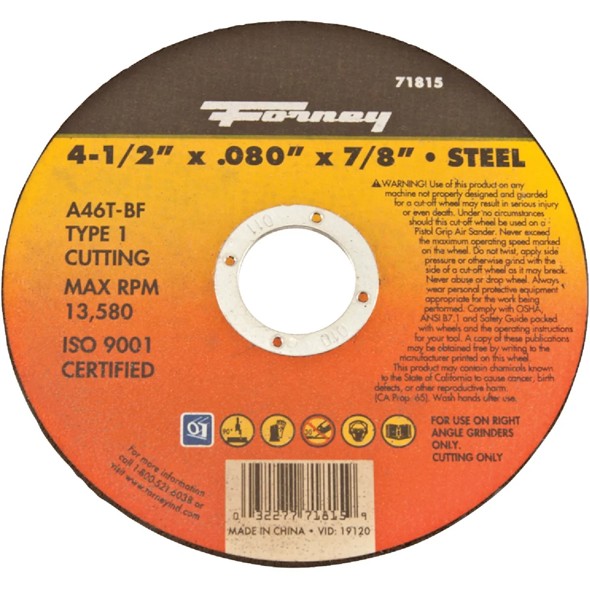 Elite Forney Type 1 4-1 2 In. x .080 In. x 7 8 In. Steel Cut-Off Wheel Lightweight