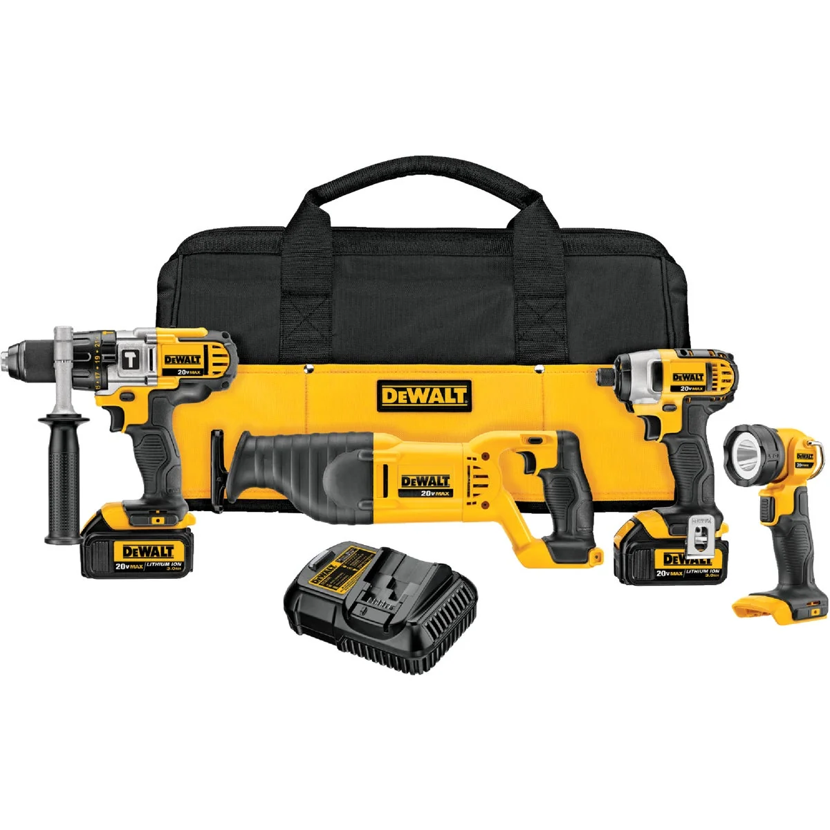 Enhanced DeWalt 4-Tool 20V MAX XR Lithium-Ion Hammer Drill Reciprocating Saw Impact Driver Work Light Cordless Tool Combo Kit Classic