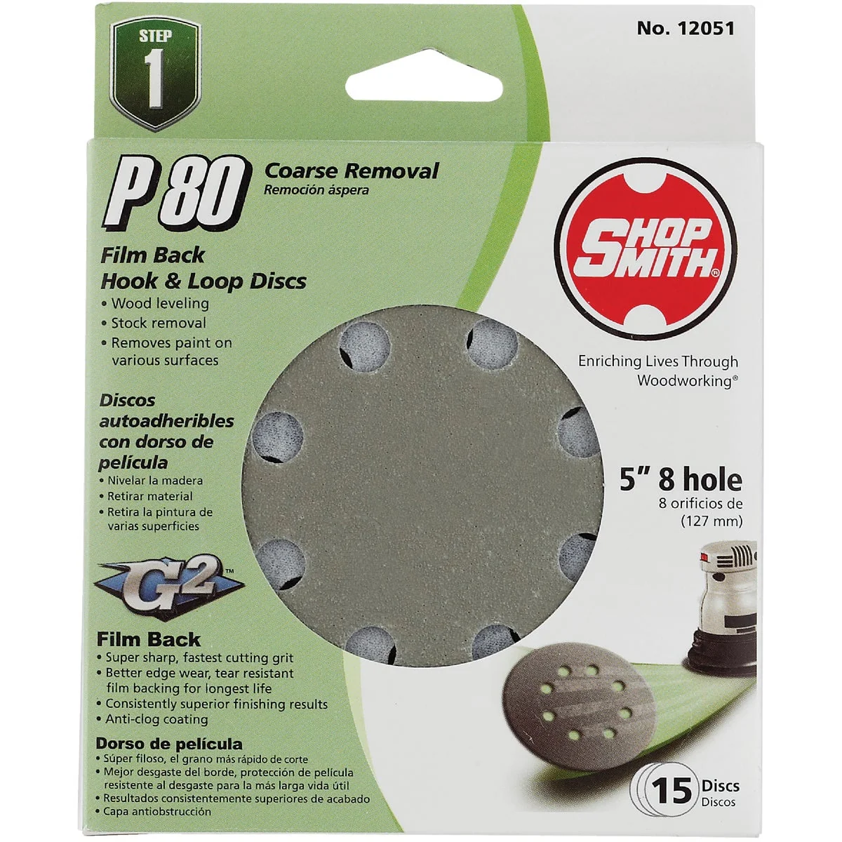 Smart Shop Smith 5 In. 80-Grit 8-Hole Pattern Vented Sanding Disc with Hook Loop Backing 15-Pack Functional