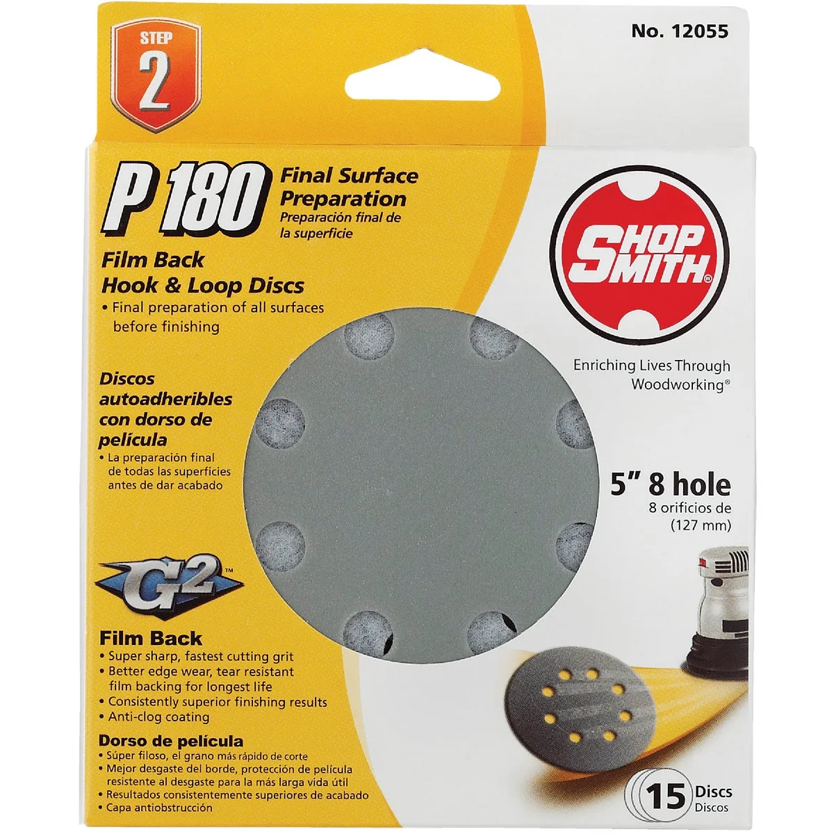 Exclusive Shop Smith 5 In. 180-Grit 8-Hole Pattern Vented Sanding Disc with Hook Loop Backing 15-Pack Verified