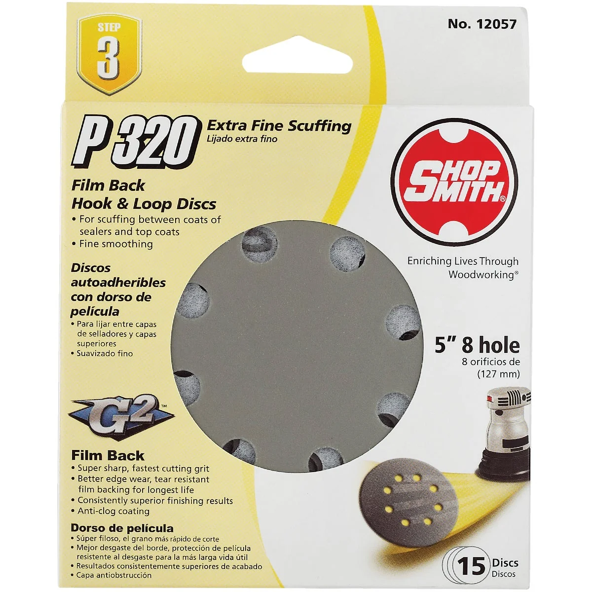 Minimalist Shop Smith 5 In. 320-Grit 8-Hole Pattern Vented Sanding Disc with Hook Loop Backing 15-Pack Classic
