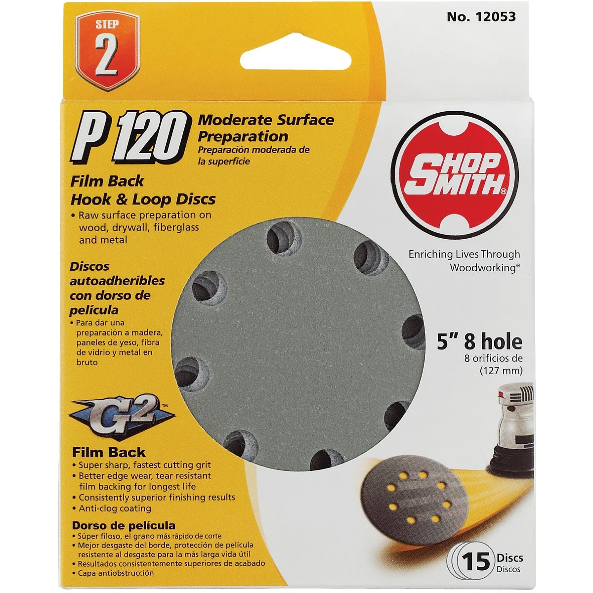 Quality Shop Smith 5 In. 120-Grit 8-Hole Pattern Vented Sanding Disc with Hook Loop Backing 15-Pack Next-Generation