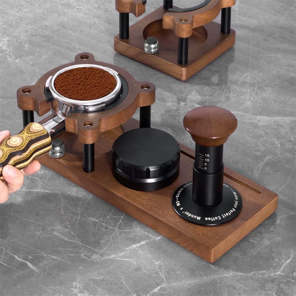 Refined Adjustable Wooden Espresso Tamping Station Coffee Tamper Base Portafilter Holder Compact Tamping Station Sapele Wood Coffee Portafilters Stand Base B Versatile
