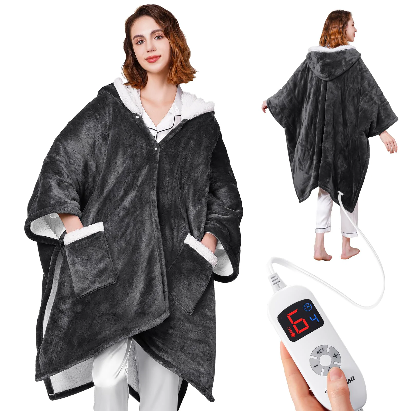 Top-Quality Ocuuziisu Electric Throw Blanket with Pockets and Hood 50 x 70 Flannel and Sherpa Electric Wrap 6 Heating Levels 4-Hour Auto Shut Off Machine Washable Convenient