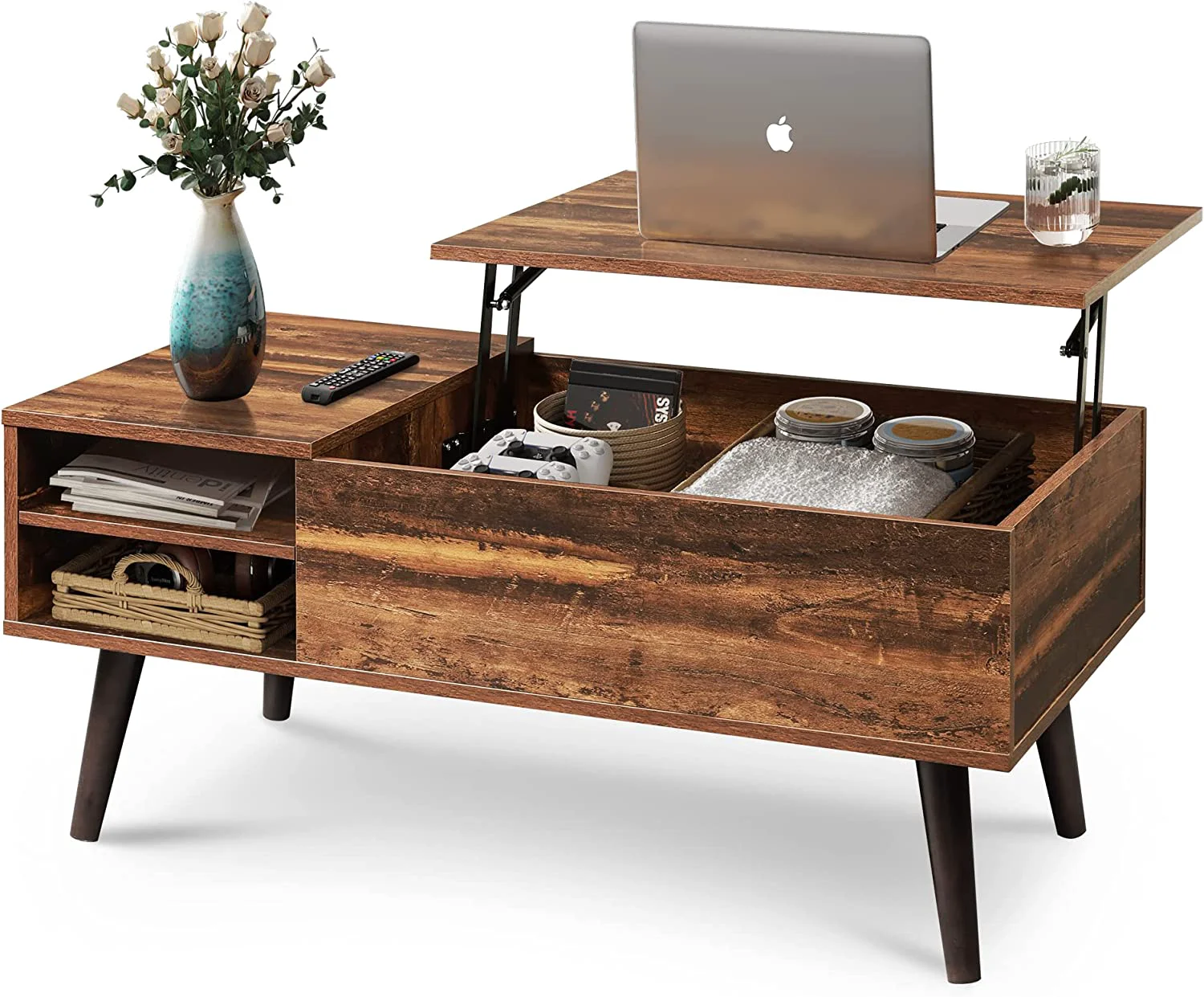 Dependable Wood Lift Top Coffee Table with Hidden Compartment and Adjustable Storage Shelf Lift Tabletop Dining Table for Home Living Room Office Retro Brown Superior