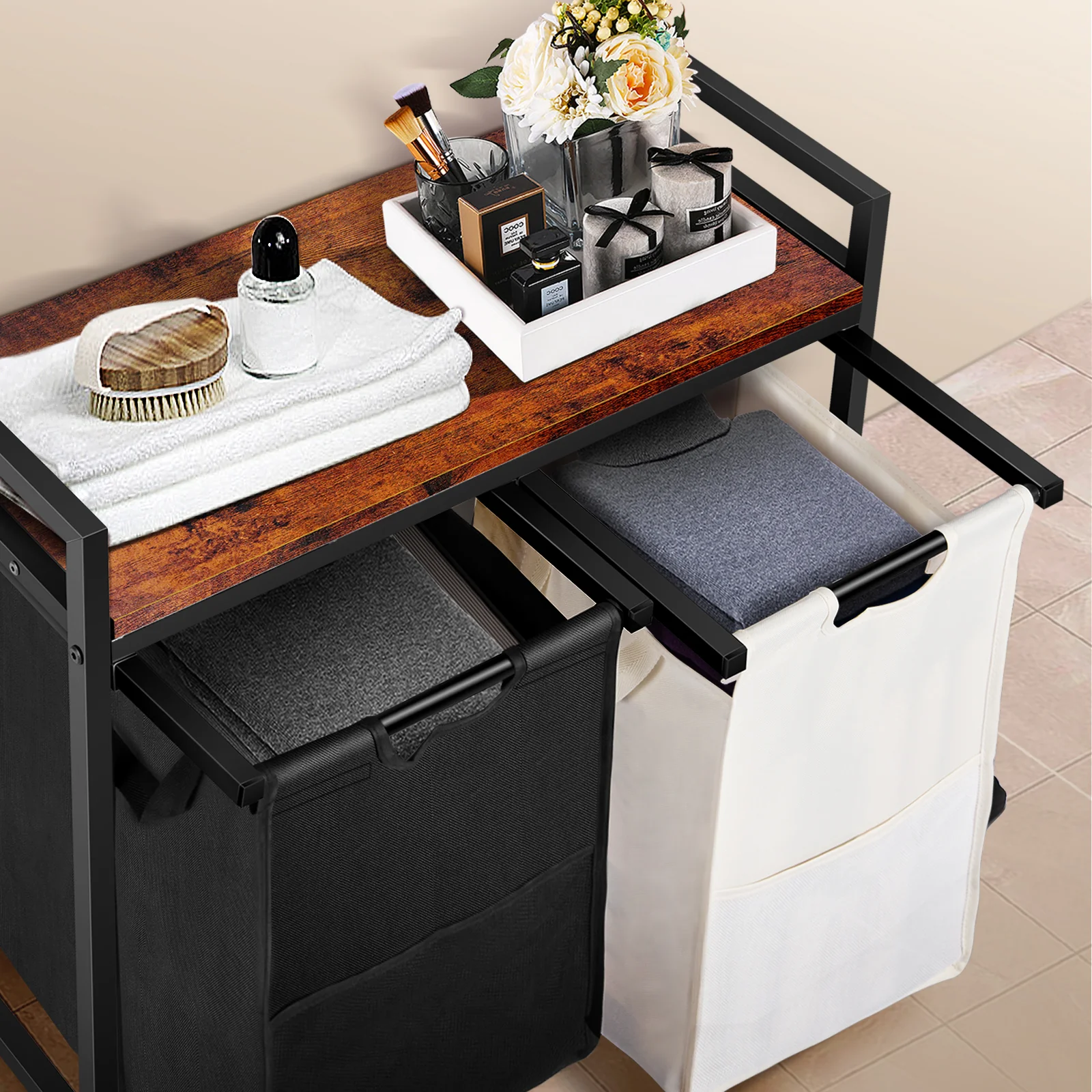 Secure Rolling Laundry Sorting Cart Rustic Brwon Trendy