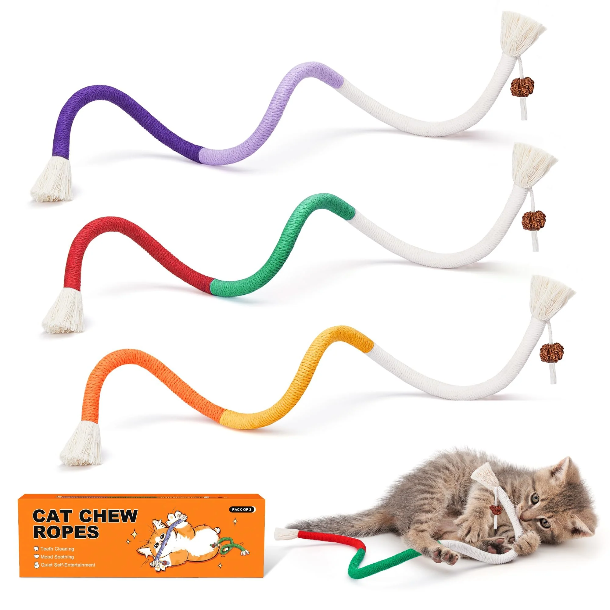 Genuine Potaroma Cat Toys Chew Ropes 3Pcs with Refillable Catnip – Safe Teeth Cleaning Indoor Play Professional