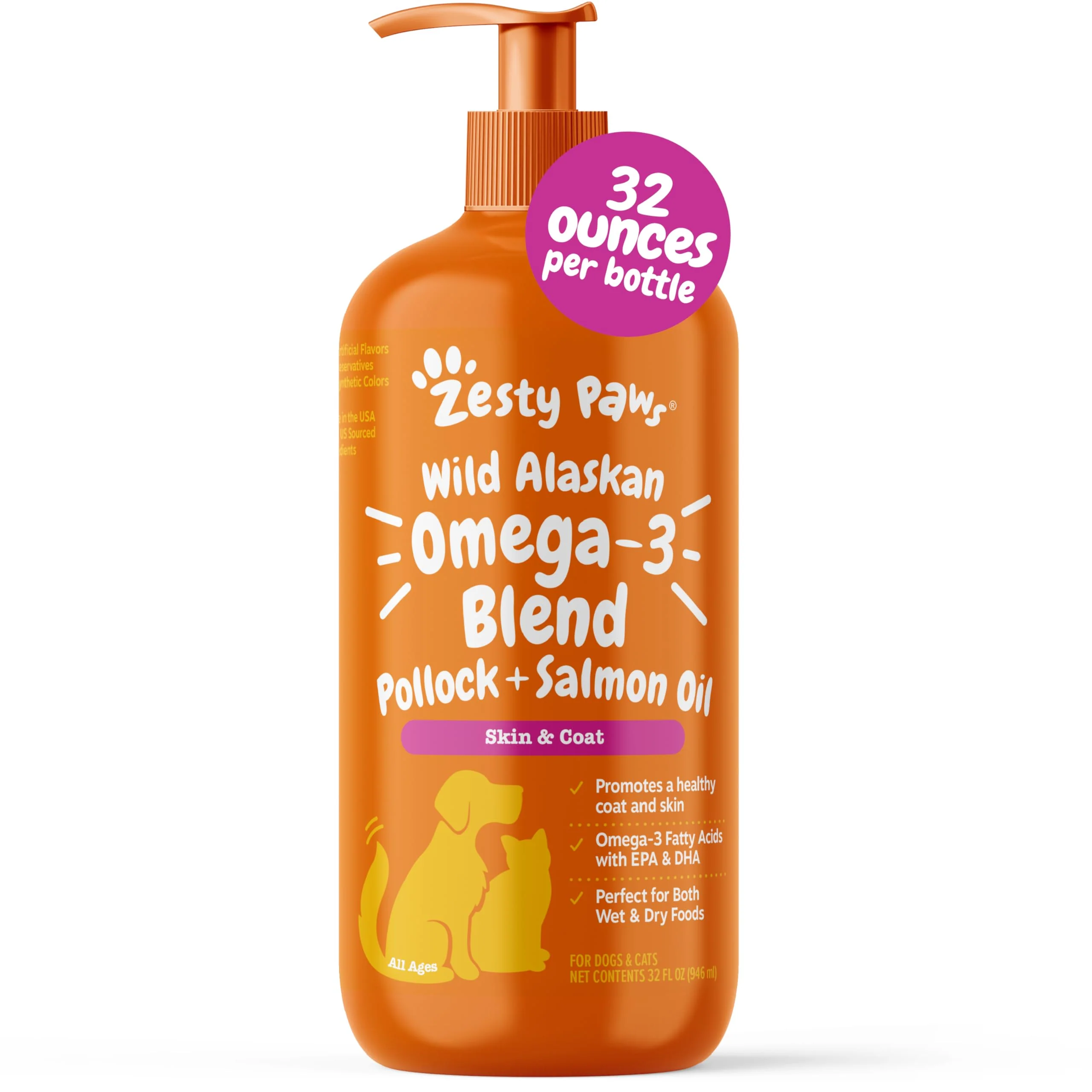 Recyclable Zesty Paws Wild Alaskan Omega-3 Blend Pollock Salmon Oil for Dogs and Cats – Skin Coat Support 32oz Soft