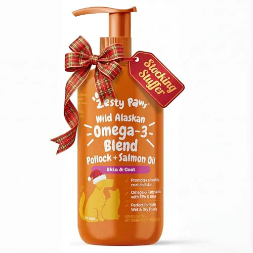 Expertly Made Zesty Paws Wild Alaskan Omega-3 Blend Pollock Salmon Oil for Dogs Cats – Skin Coat Support Traditional