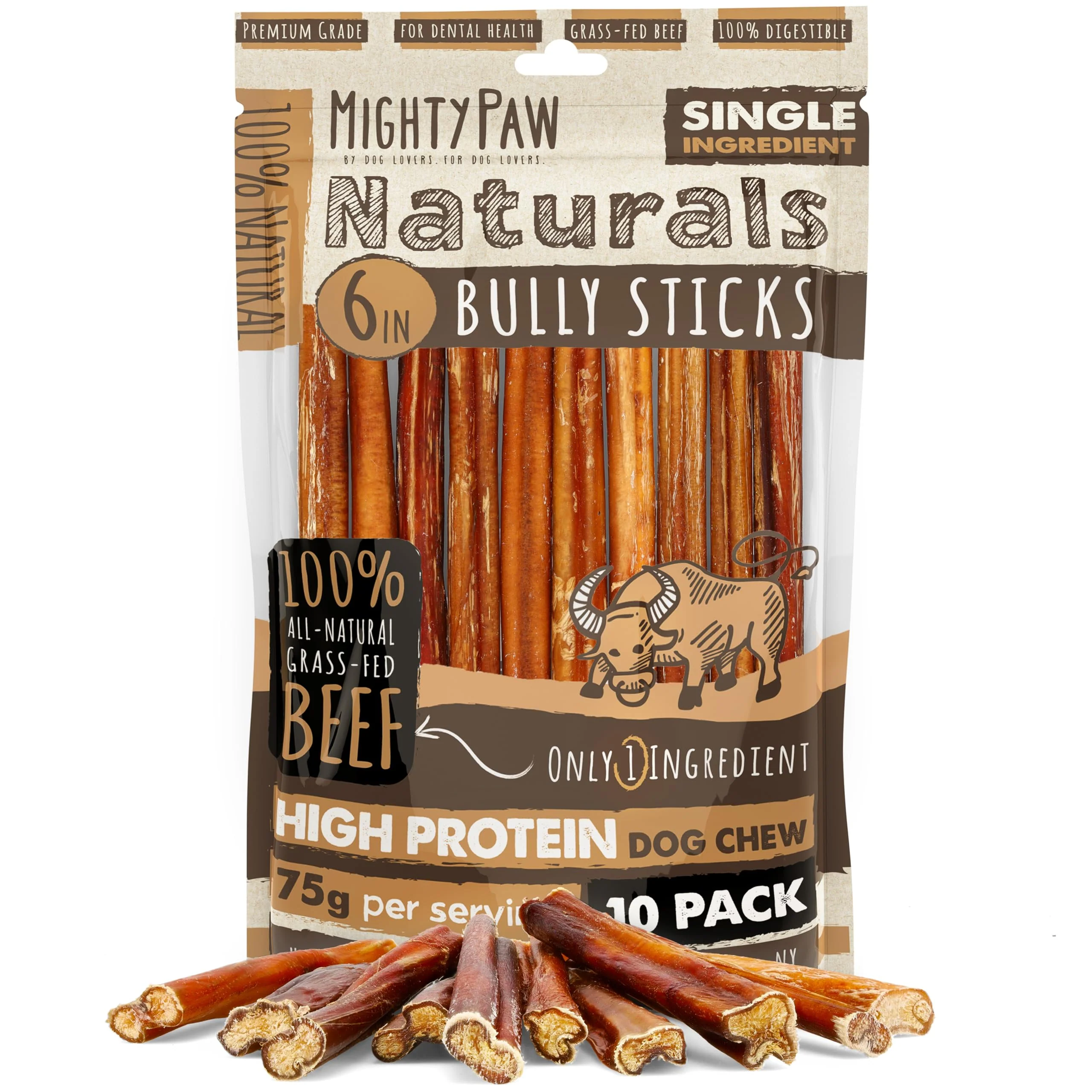 Powerful Mighty Paw Naturals Bully Sticks for Dogs – Grass-Fed Beef Chews Low Odor Single Ingredient 6 – 10 Pack Classic