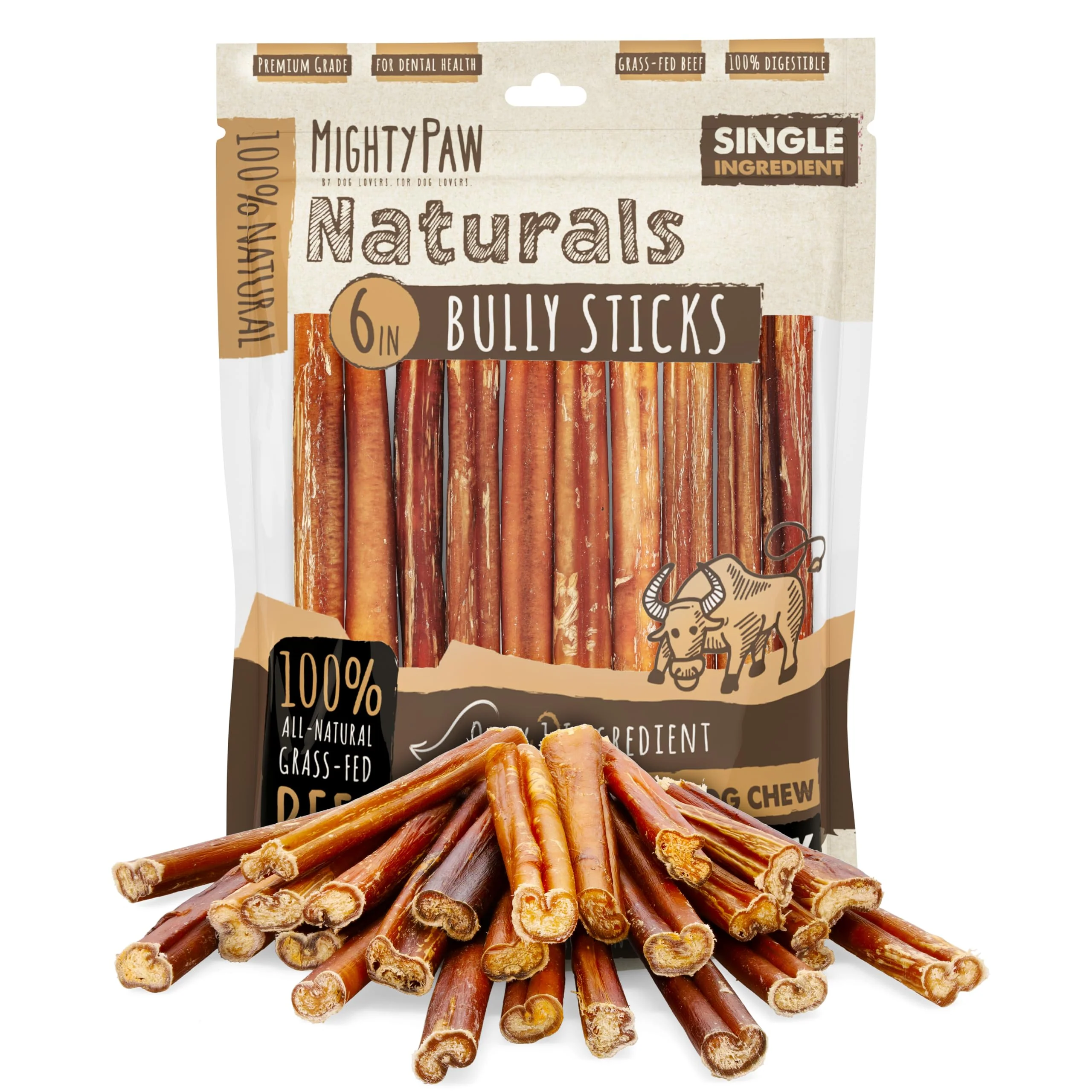 Elite Mighty Paw Naturals Bully Sticks for Dogs — Grass-Fed Beef Single-Ingredient Chews 6in 25 Pack Contemporary