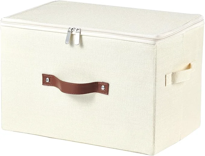 Dependable Storage Bins with Zipper Lid Cotton Linen Fabric Lidded Storage Baskets Boxes Foldable Washable Closet Shelf Clothes Organizer Container with PU Leather Handles Beige Large Size About ThisOverview Innovative