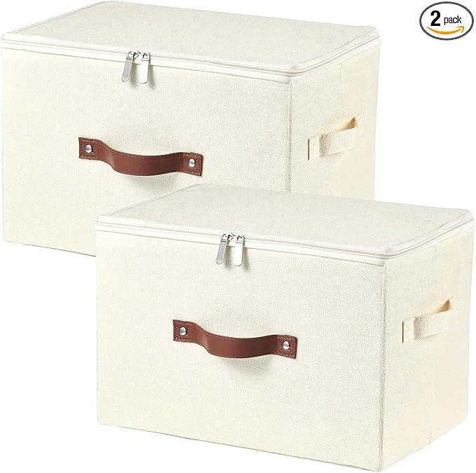 Fast 2 Pack Storage Bins with Zipper Lid Cotton Linen Fabric Lidded Storage Baskets Boxes Foldable Washable Closet Shelf Clothes Organizer Container with PU Leather Handles Beige Large Size About ThisOverview Comfortable