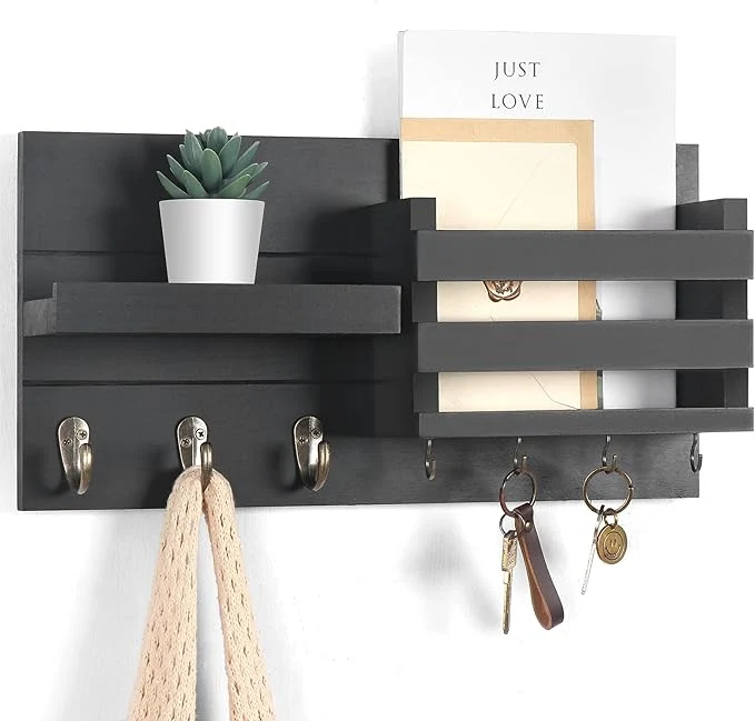 Fine Mail Organizer for Wall Mount – Key Holder with Shelf Includes Letter Holder and Hooks for Coats Dog Leashes – Rustic Wood with Flush Mounting Hardware 16.5 x 8.7 x 3.5 About ThisOverview Smooth