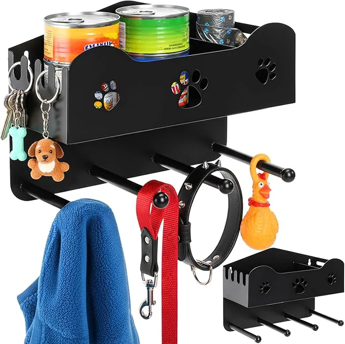 Enhanced Dog Leash Holder for Wall Dog Accessories Organizer with 4 Hook Black Dog Leash Hanger with Shelf Storage Metal Wall Mounted Key Holder for Pet Collar Training Treats Poop Bag Home DecorAbout ThisOverview Soft