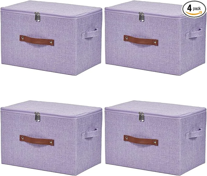 Healthy 4 Pack Storage Bins with Zipper Lid Cotton Linen Fabric Lidded Storage Baskets Boxes Foldable Washable Closet Shelf Clothes Organizer Container with PU Leather Handles Purple Large About ThisOverview Superior