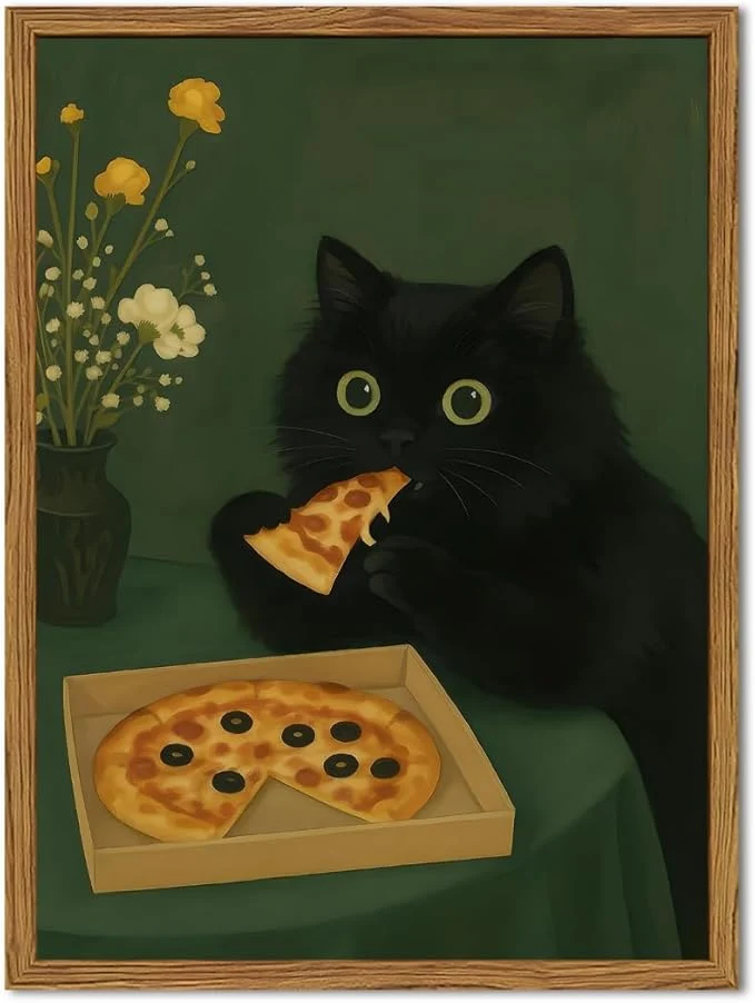 Proven Funny Black Cat Wall Art Whimsical Black Cat Eating Pizza Wall Decor Cute Animal Dark Green Kitchen Poster Canvas Prints for Bedroom Living Dining Room 12x16 inch Wood FramedAbout This Functional